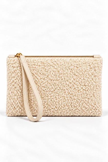 Women's Cream Plush Wristlet Bag with Zipper, Soft Textured Portfolio & Clutch Bag