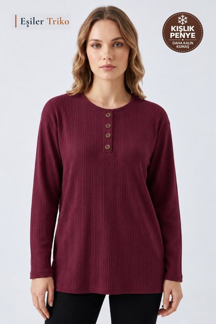 Women's Winter Twisted Patterned 4-Button Knitwear Look Mother's Combed Cotton Blouse