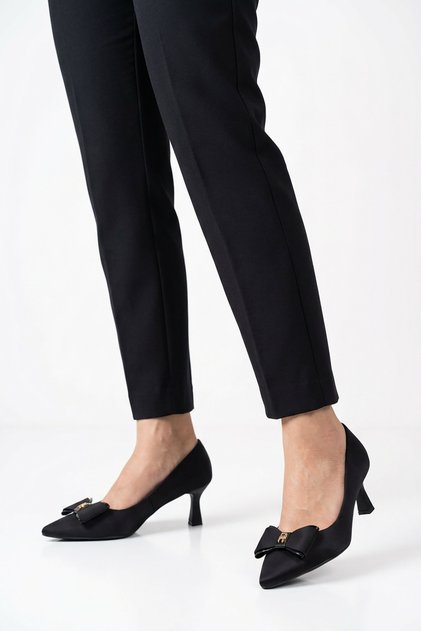 Nurel front bow buckle women's low heeled stiletto black satin