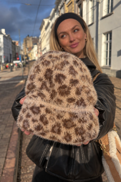 Leopar Desenli Kadın Peluş Bere, Tüylü Yumoş Bere, Katlamalı Kışlık Bere