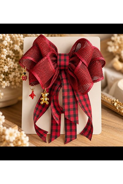 Burgundy Mesh Bow and Plaid Ribbon Hair Clip with Charm Detail ❤️ 🐞 🧸