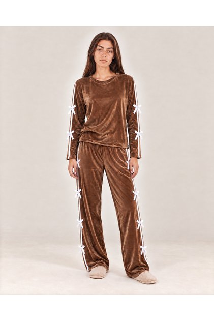Women's Velvet Two Piece Pajama Set Long Sleeve Top & Wide Leg Pants, Decorated with Bows & White Side Stripes - Navy, Black, Brown