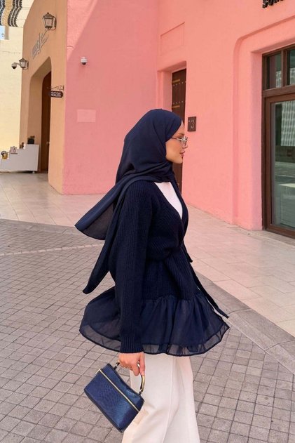 Chiffon Detail Cardigan Navy Blue