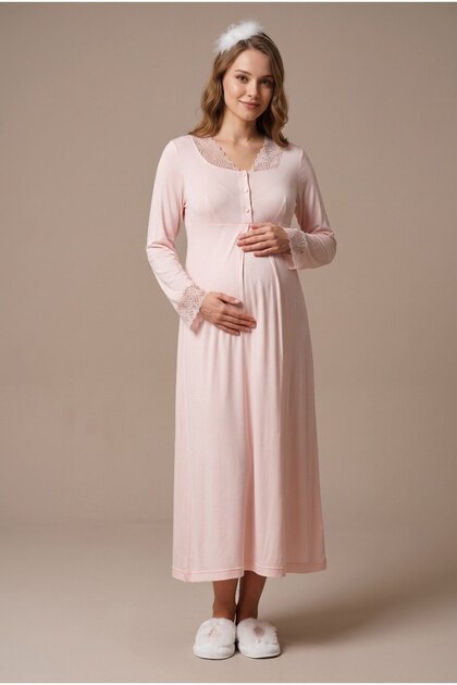 Women's Powder Lace Long Sleeve Maternity Nightgown Set for Easy Breastfeeding