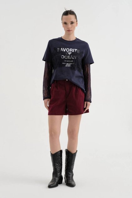 Women's Corduroy Shorts with Pleated Detail on the Front and Elasticated Back Belt Design