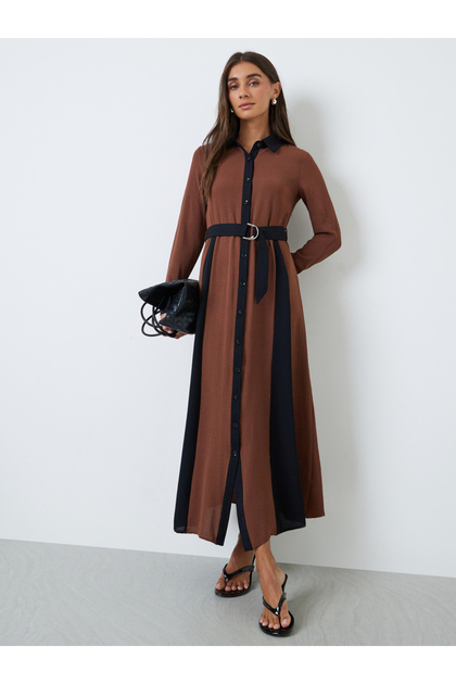 Brown Color Block A-Line Maxi Dress with Belt