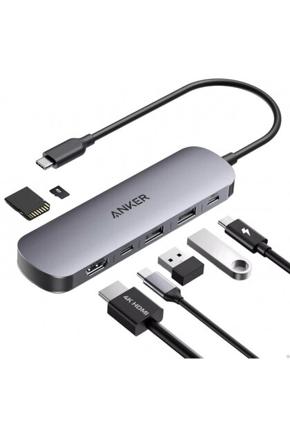 Hub USB-C Anker, 2 x USB-A 3.0 - 2 x USB-C - 1 x HDMI - 1 x SD - 1 x microSD, Gri A83D2HA1