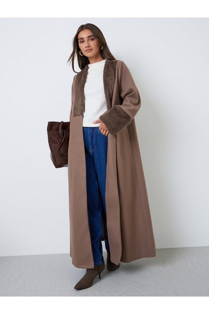 Brown Faux Fur Collar Front Open Abaya