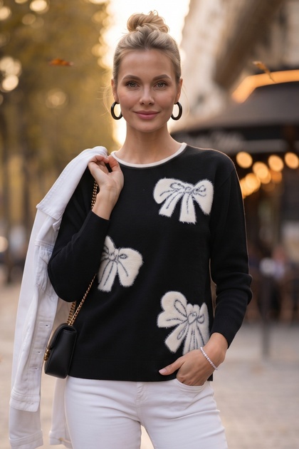 Black Crew Neck Long Sleeve Ribbon Patterned Stoned Casual Oversize Knitwear Sweater 66 68