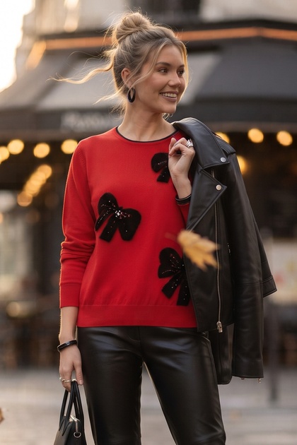 Red Crew Neck Long Sleeve Ribbon Patterned Stoned Casual Oversize Knitwear Sweater 66 68