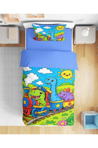 Dinosaur Train Patterned Colorful 3D Digital Printed Single Boy Duvet Cover Set Sleeping Set