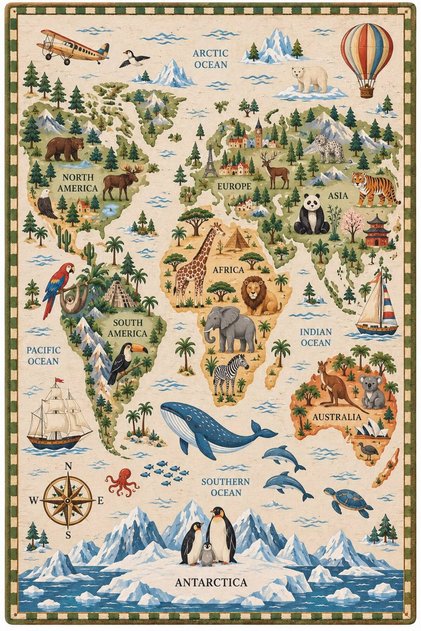 Eta Animal Figured World Map Pattern Woven Base Carpet Eta4387