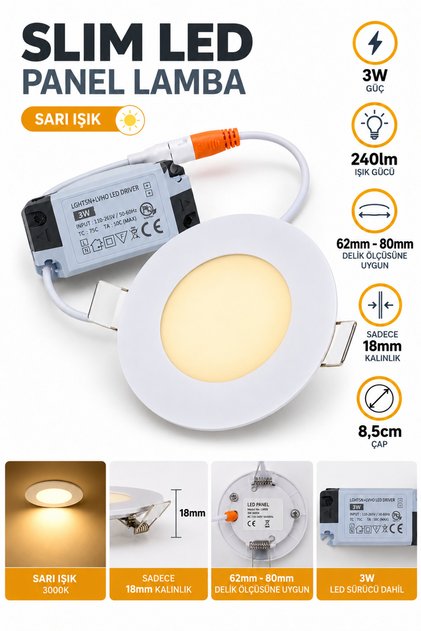 1 Adet Sarı Işık Gömme Slim Led Spot Lamba 85mm 3W 240Lm JB088