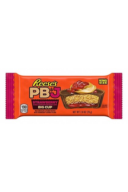 Reese's Big Cup PB&J Strawberry 79 g, ciocolată cu lapte, umplutură cu unt de arahide și jeleu de căpșuni