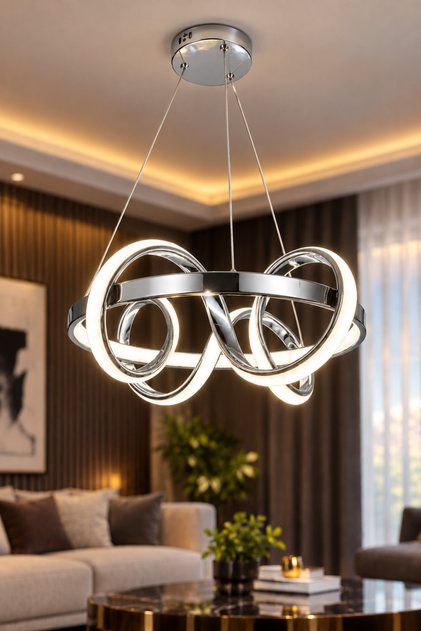Kumandalı 3 Renk Işıklı Modern Sarkıt Led Avize Krom Kasa Salon,oda ,mutfak ,hol kıvrımhalkalı