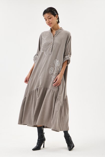 Mink Italian 100% Cotton Velvet Half Button Floral Embroidered Long Velvet Dress 38 -44 Size