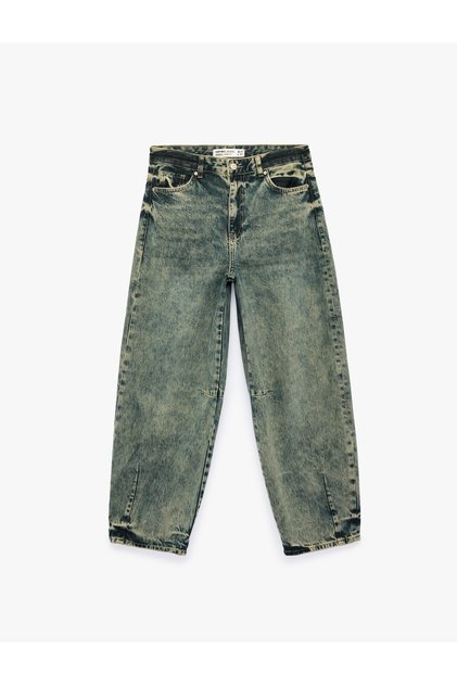 Buttoned Regular Waist Comfortable Fit Washable Balloon Fit Barrel Denim Trousers with Pockets - Barrel Jeans