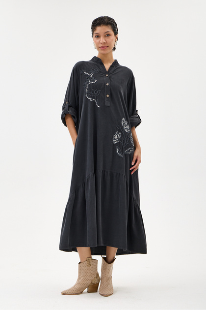 Anthracite Italian 100% Cotton Velvet Half Button Floral Embroidered Long Velvet Dress 38 -44 Size