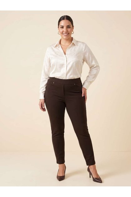 Women's Plus Size Gathering Fabric Pants with Elastic Waist Lycra Narrow Leg Brown