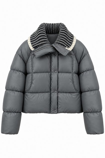 Gri Triko Yaka Detaylı Şişme Mont