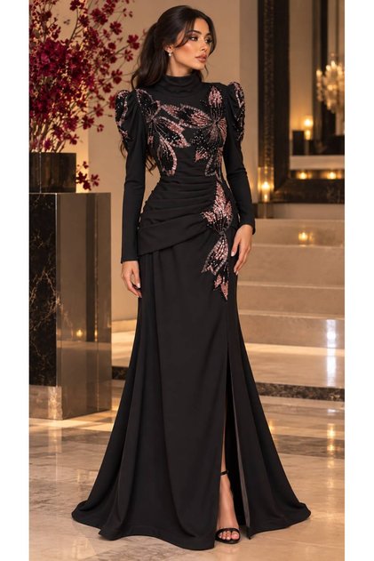 Black Evening Dress with Pink Sequin Flowers and High Collar