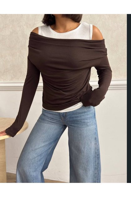 Women 100% Cotton Boat Neck Off Shoulder Long Sleeve Layered Blouse