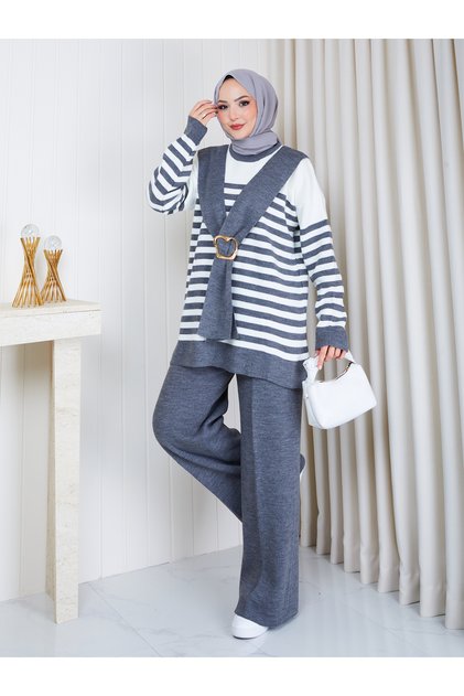 Women's Shawl Detailed Buckle Tricot Tunic Set