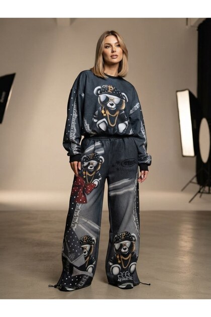 Trendy Special Stone-Print Embroidered 3-Thread Brushed Fleece Wide Leg Loose Fit Top and Bottom Tracksuit Set -Trendy 3-Thread Brushed Fleece Tracksuit Set with Stone-Print Embroider