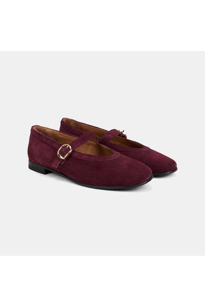Women's Burgundy Adjustable Buckle Suede Mary Jane Ballerinas