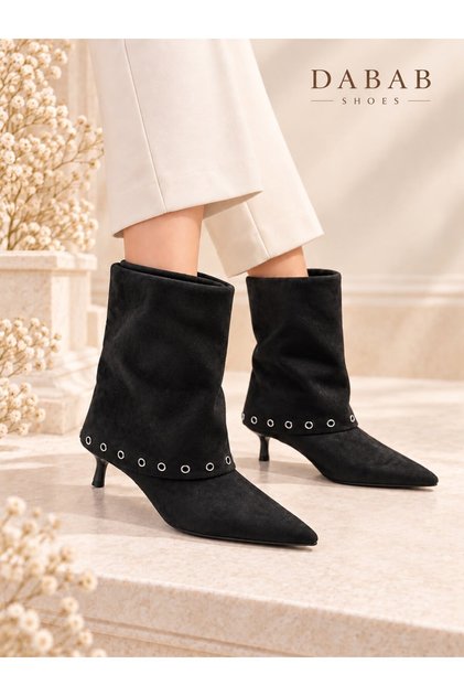 Lucia Women's Black Suede Look Metal Ring Detailed Pointed Toe 5 cm Thin Heeled Short Boots Bootie
