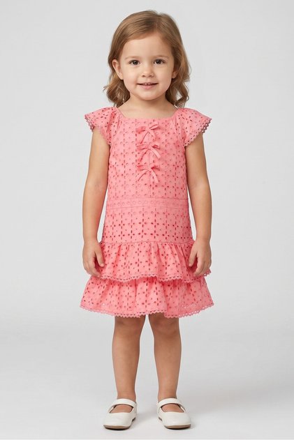 Kids Girl Eyelet Dress, Light Red