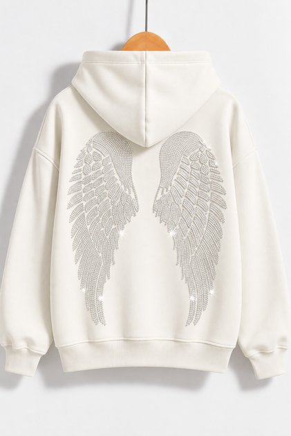 Women's Zippered Wing Stone Printed Hooded Oversize Winter Hoodie Jacket with Kangaroo Pocket