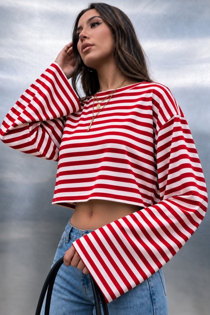 Women's Crew Neck Striped Loose Fit Crop Blouse