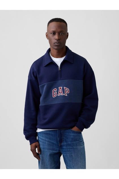 Erkek Lacivert Oversized Logo Yarım Fermuarlı Sweatshirt