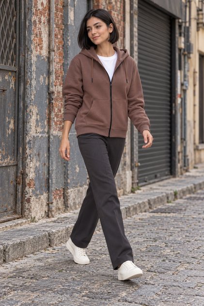 Hooded Fleece Inside Full Zipper Pocketed Winter Sweatshirt Brown Women's Cardigan
