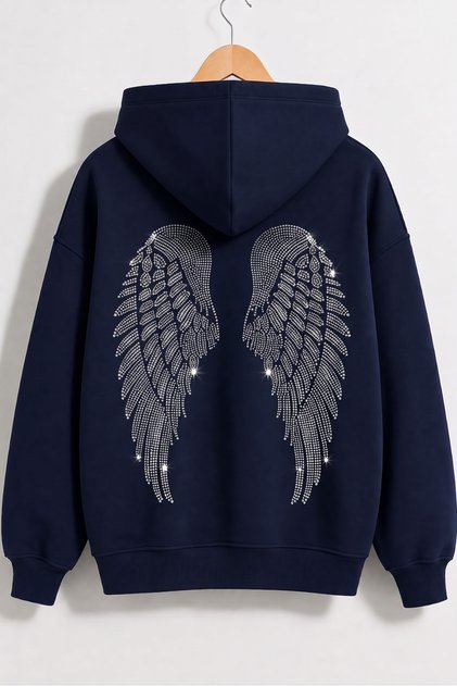 Women's Zippered Wing Stone Printed Hooded Oversize Winter Hoodie Jacket with Kangaroo Pocket