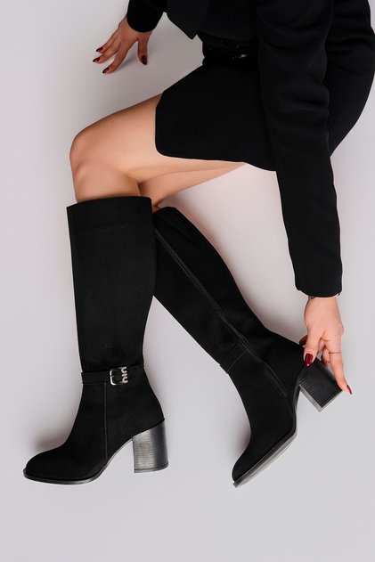 Women's Black Suede Thermo Rubber Sole Heeled Boots with Stone Buckle