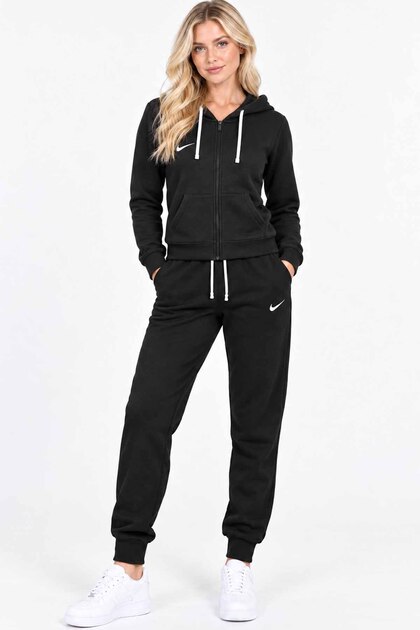 Kadın Tech Fleece Eşofman Takımı Siyah Kapüşonlu Fermuarlı Üst Jogger Alt İçi Şardonlu