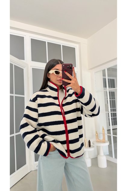 Lacivert Çizgili Kırmızı Şeritli Polar Sweatshirt GAUS-02288 GAUS-01916