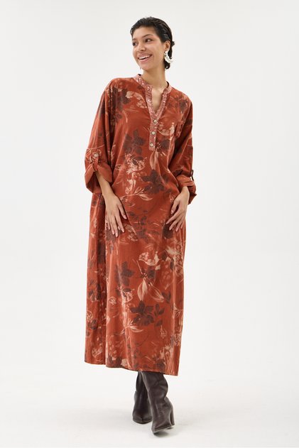 Tile Italian 100% Cotton Velvet Half Button Floral Pattern Long Velvet Dress 60 - 46 Size