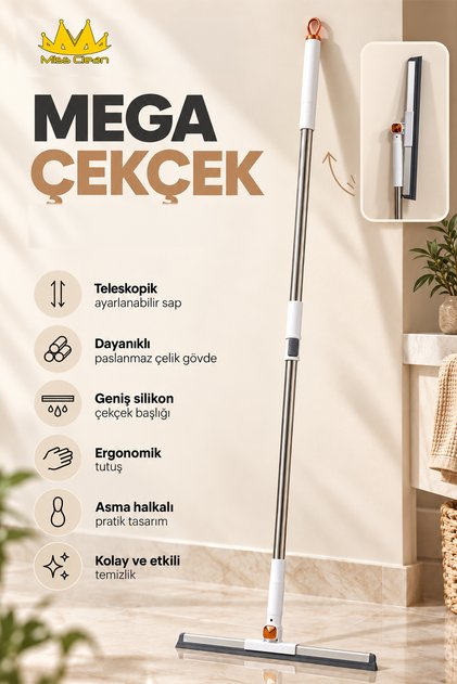Mega Çekçek Teleskopik Ayarlanabilir Saplı (114-156 cm) Geniş Silikon Yer Sileceği Banyo Balkon Fayans Cam Temizleme Aparatı