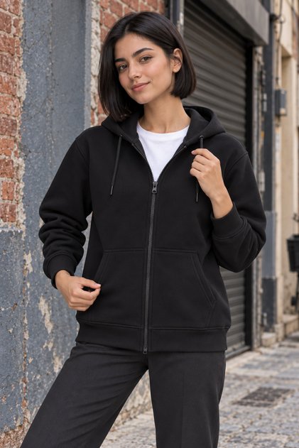 Winter Hooded Zippered Cardigan with Fleece Pockets Black Women's Sweat Jacket
