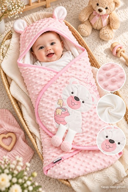 Newborn Baby Swaddle Blanket with Teddy Bear Embroidery, Hooded Chickpea Textured Plush Swaddle