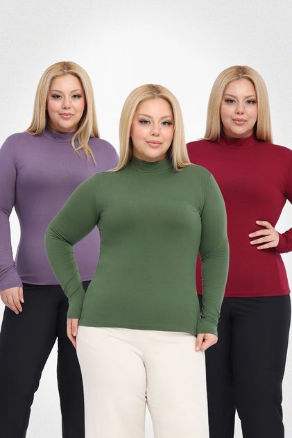 Büyük Beden - Kadın Balıkçı Yaka Uzun Kol Body 3'lü Set - Haki, Bordo, Mor