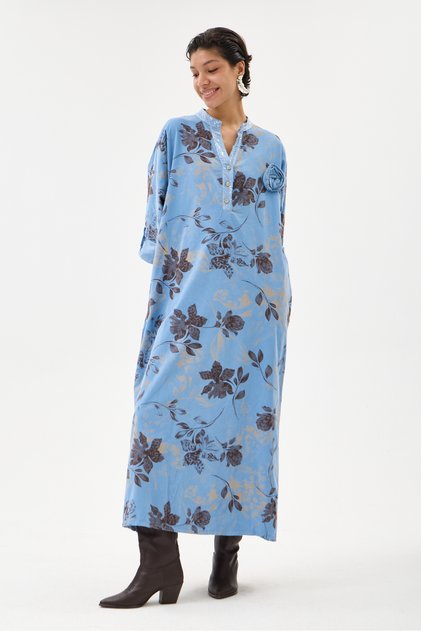 Blue Italian 100% Cotton Velvet Half-Button Floral Patterned Long Velvet Dress 60 - 46 Size