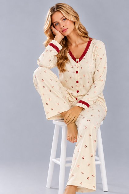 Women's Floral & Butterfly Print V-Neck Buttoned Long Sleeve Camisole Pajama Set