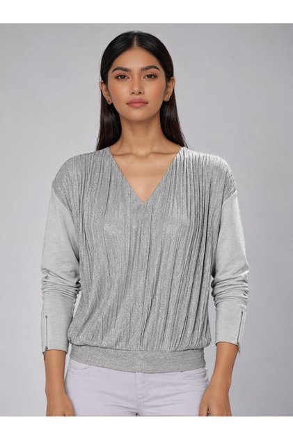 Women's V-Neck Long Sleeve Sporty Stylish Shimmer Fabric Detailed Design Accordion Blouse