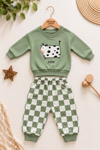 Baby Boy 2-Piece Set: Non-Embroidered Cow Print Sweatshirt and Checkerboard Patterned Sweatpants, Seasonal