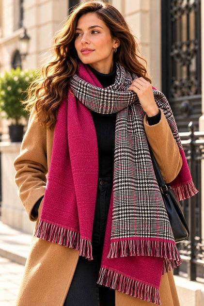 Marbella | Fuchsia Pink Black White Houndstooth Patterned Double-Sided Women's Shoulder Shawl, Tasseled Winter Warm Scarf