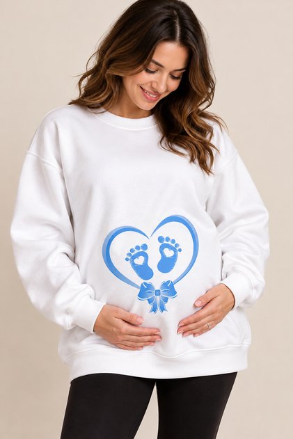 Heart and Baby Footprint Printed Maternity Oversize Sweatshirt – Crew Neck Loose Casual Sweatshirt